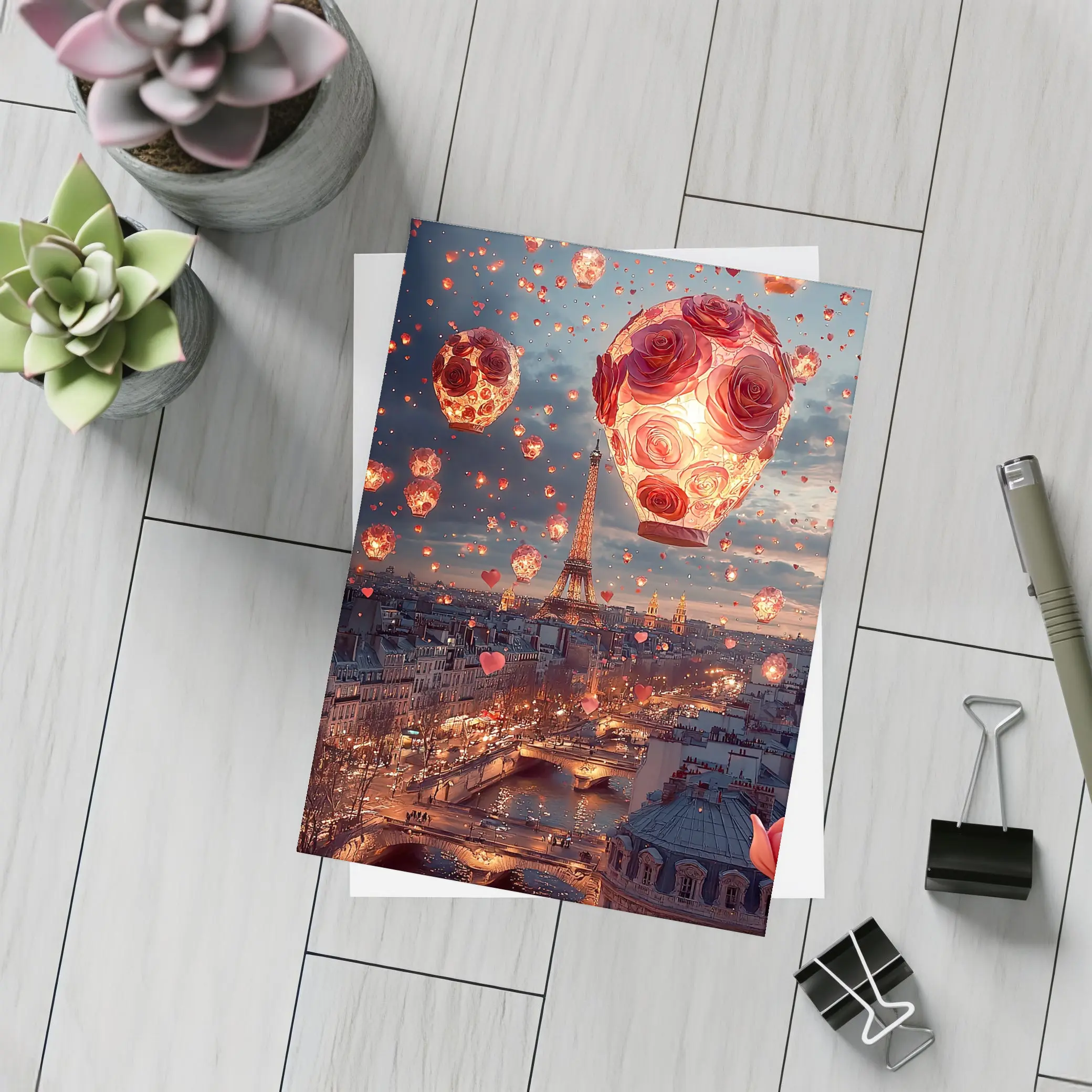 Eiffel Tower Paris Rose Hot Air Balloons – Postcards