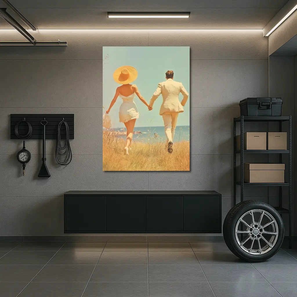 Couple Holding Hands Walking Toward Ocean – Wall Art