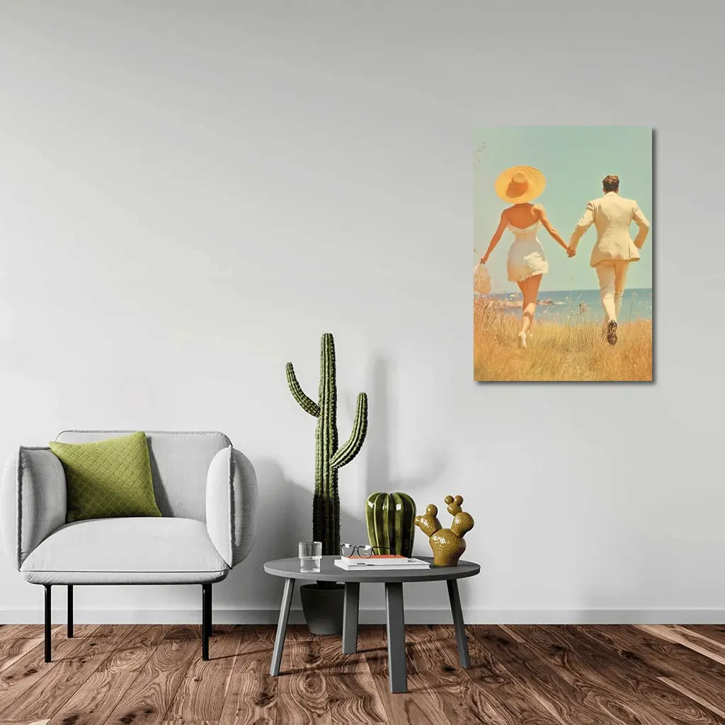 Couple Holding Hands Walking Toward Ocean – Wall Art