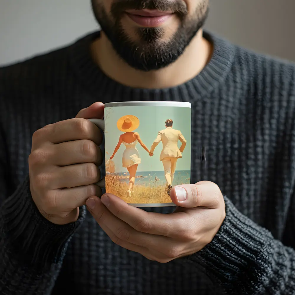 Couple Holding Hands Walking Toward Ocean – Mugs