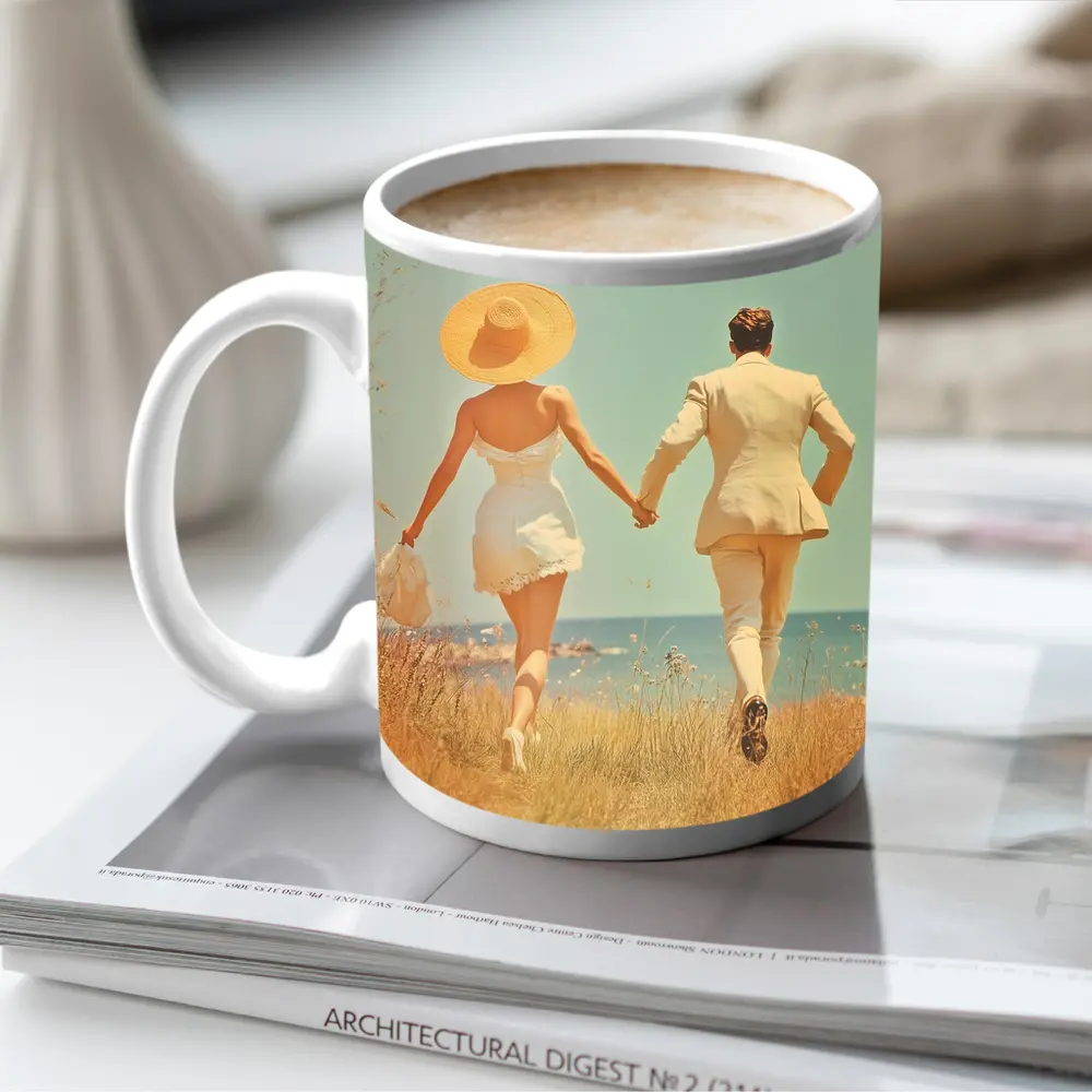 Couple Holding Hands Walking Toward Ocean – Mugs