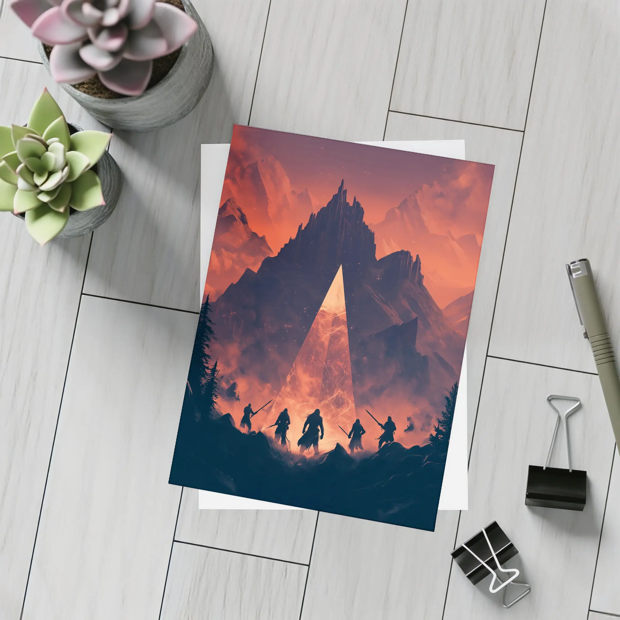 Warriors Before Glowing Portal Mountain Fantasy – Postcards