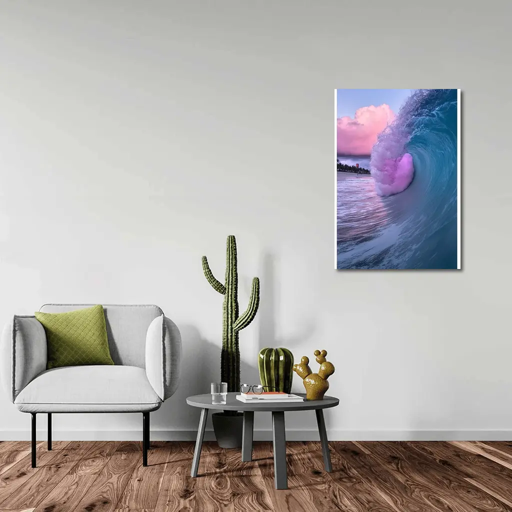 Teal Ocean Wave Pink Sunset Sky – Wall Art