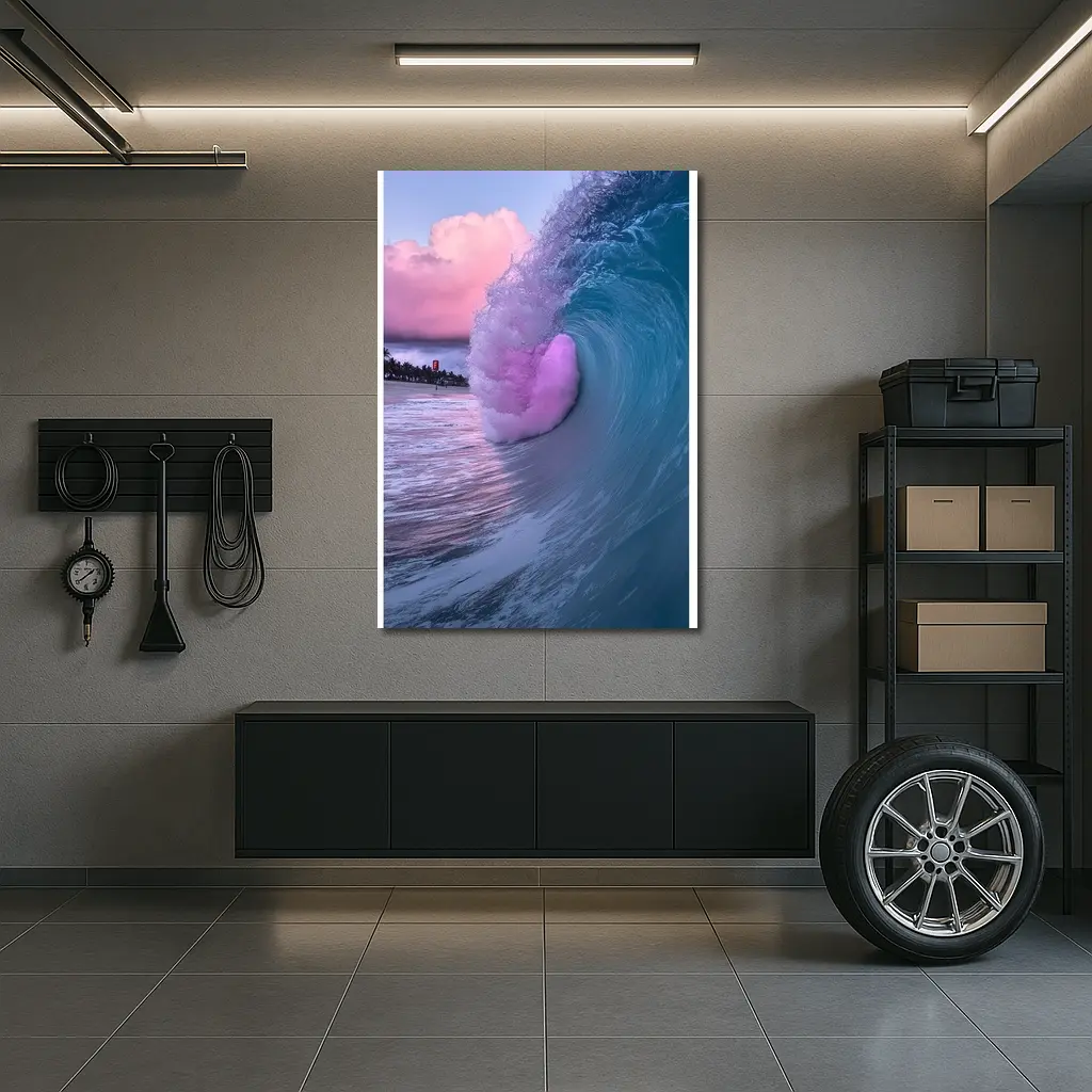 Teal Ocean Wave Pink Sunset Sky – Wall Art