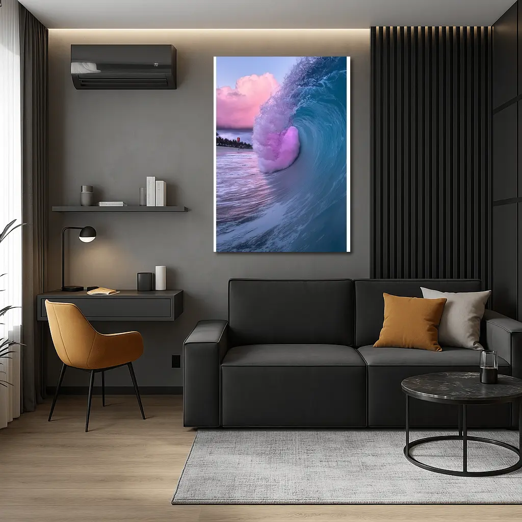 Teal Ocean Wave Pink Sunset Sky – Wall Art