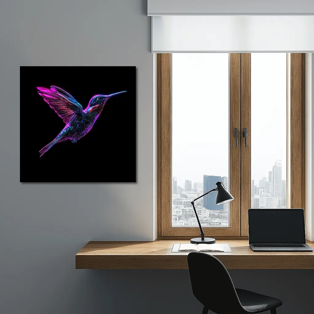 Neon Hummingbird Flying on Black Background – Wall Art