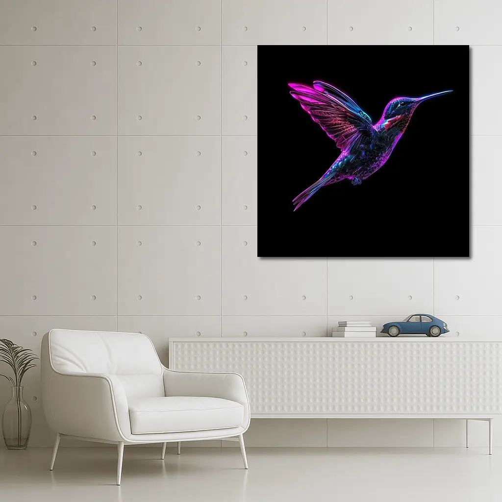 Neon Hummingbird Flying on Black Background – Wall Art