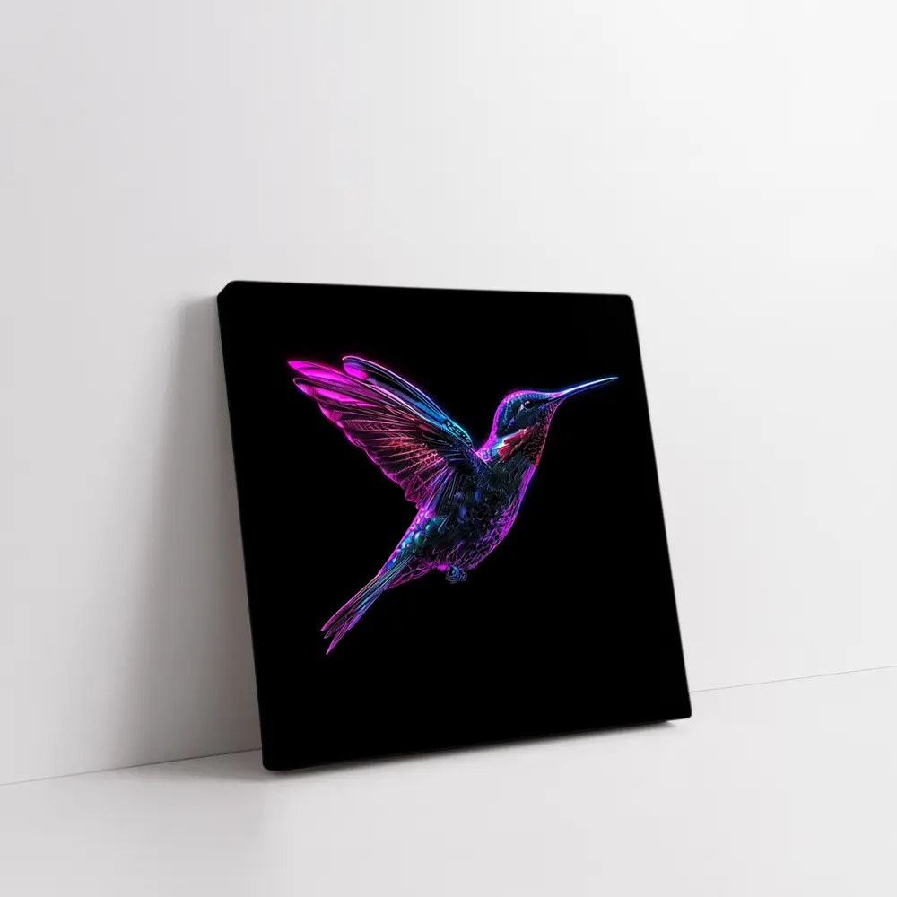 Neon Hummingbird Flying on Black Background – Wall Art