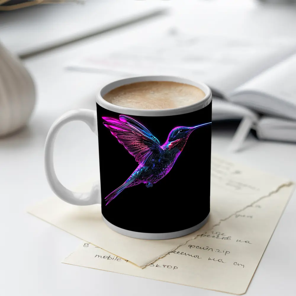 Neon Hummingbird Flying on Black Background – Mugs