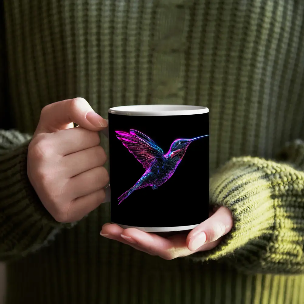 Neon Hummingbird Flying on Black Background – Mugs