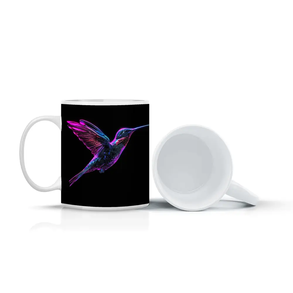 Neon Hummingbird Flying on Black Background – Mugs