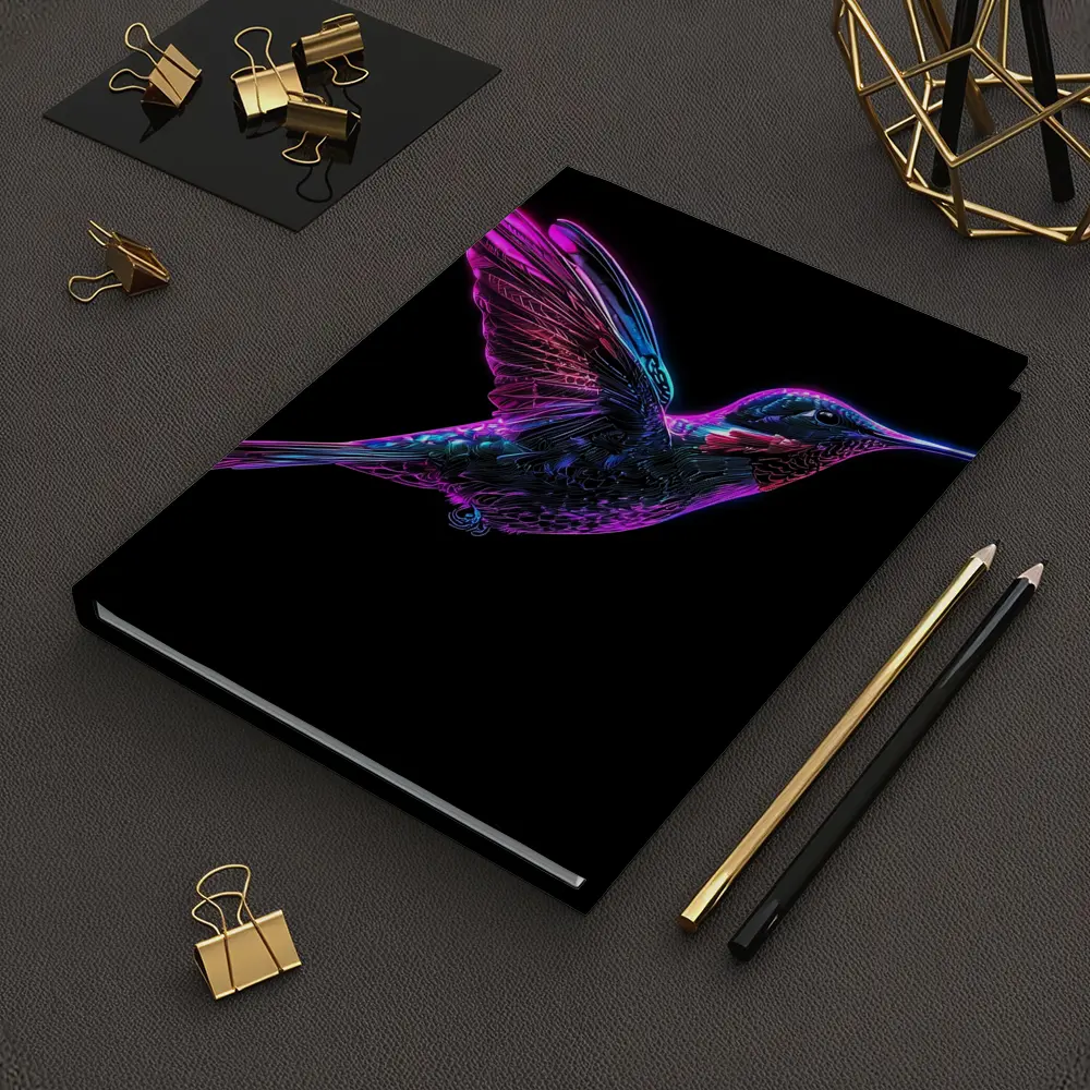 Neon Hummingbird Flying on Black Background – Notebooks