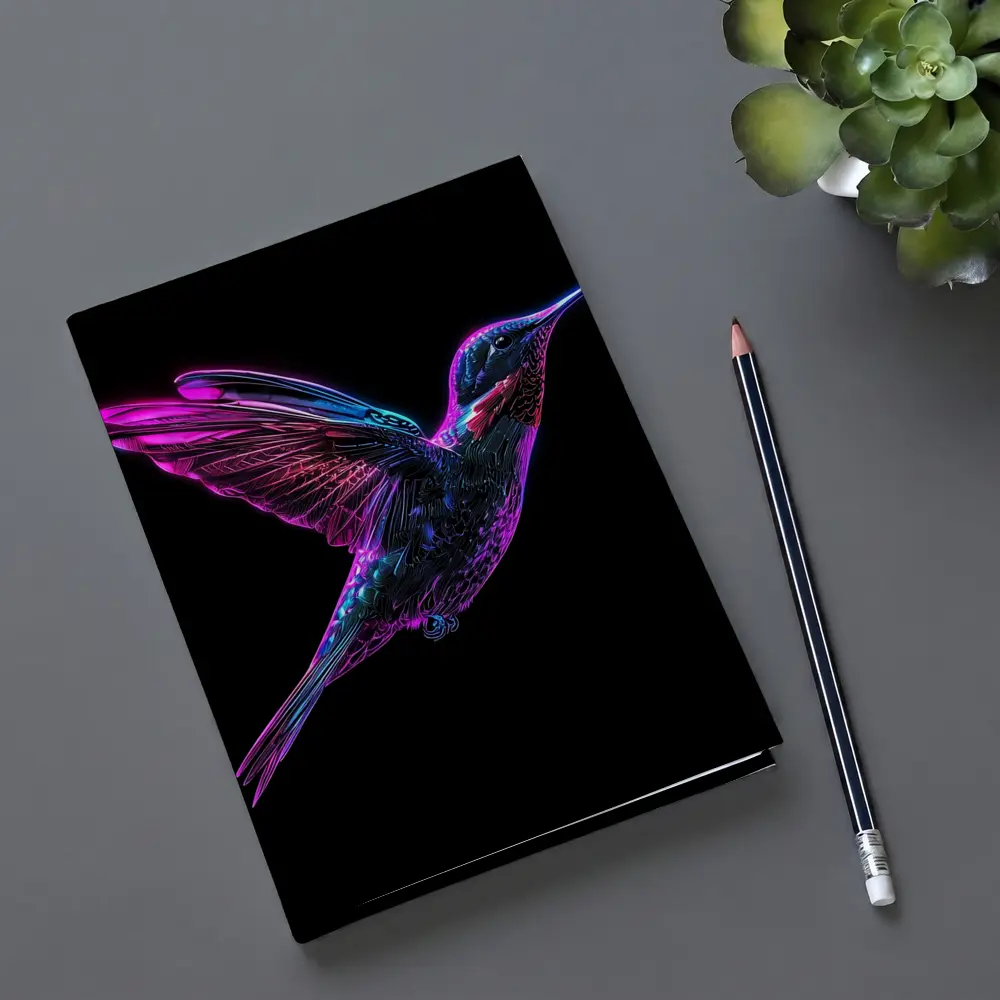 Neon Hummingbird Flying on Black Background – Notebooks