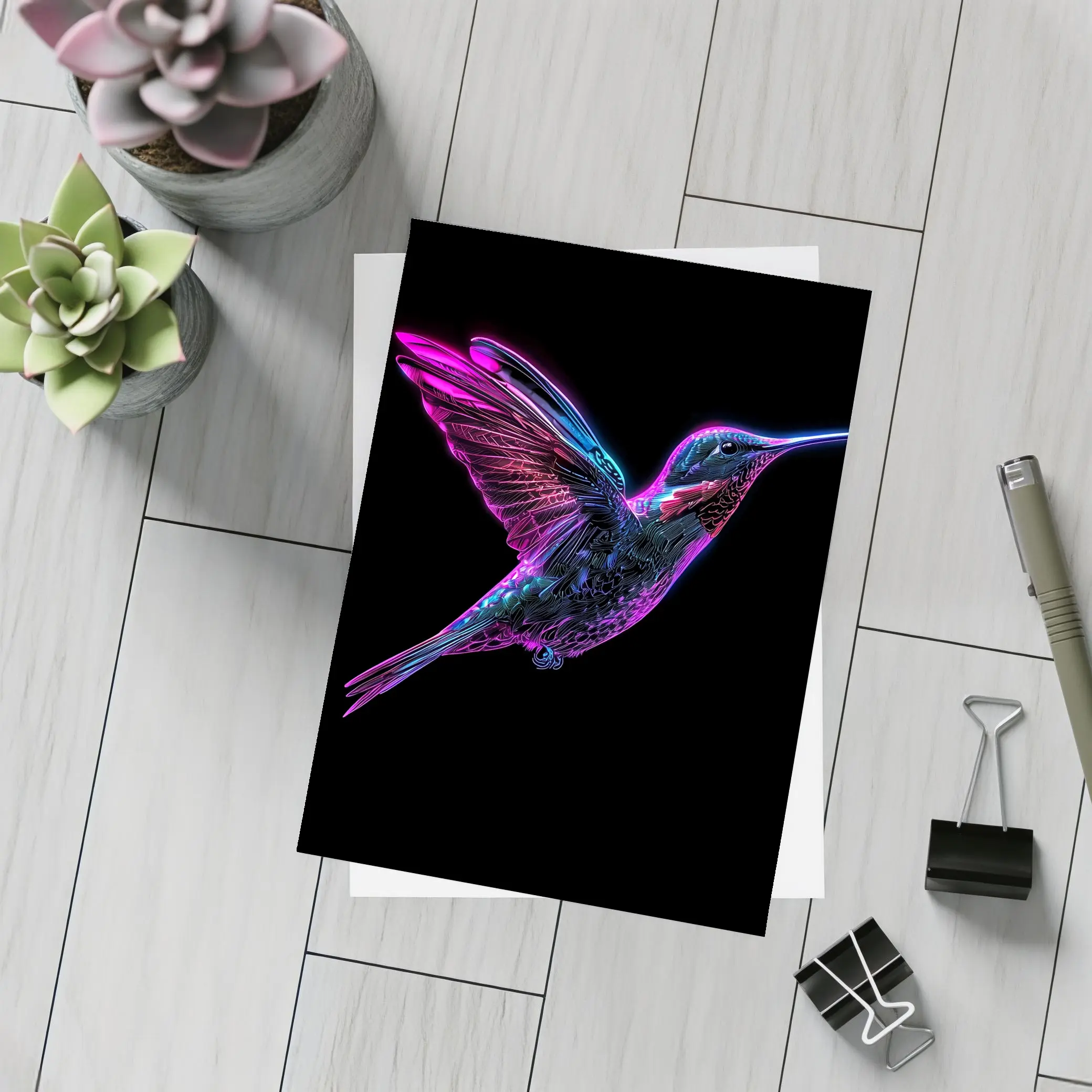 Neon Hummingbird Flying on Black Background – Postcards