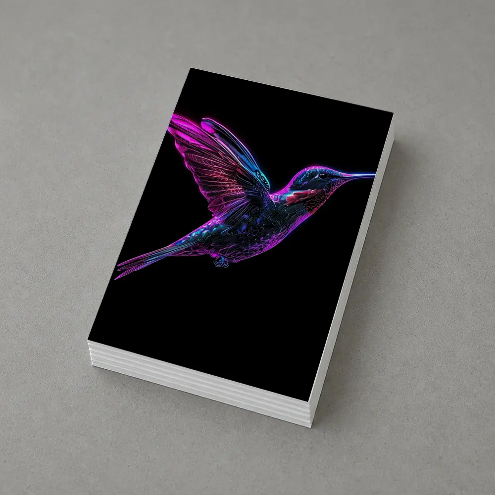 Neon Hummingbird Flying on Black Background – Postcards