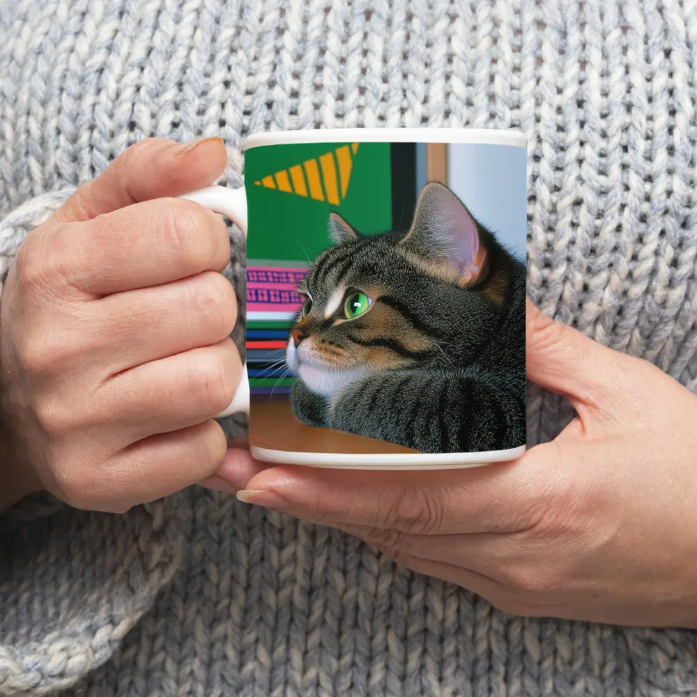Tabby Cat Watching Colorful Television Screen – Mugs