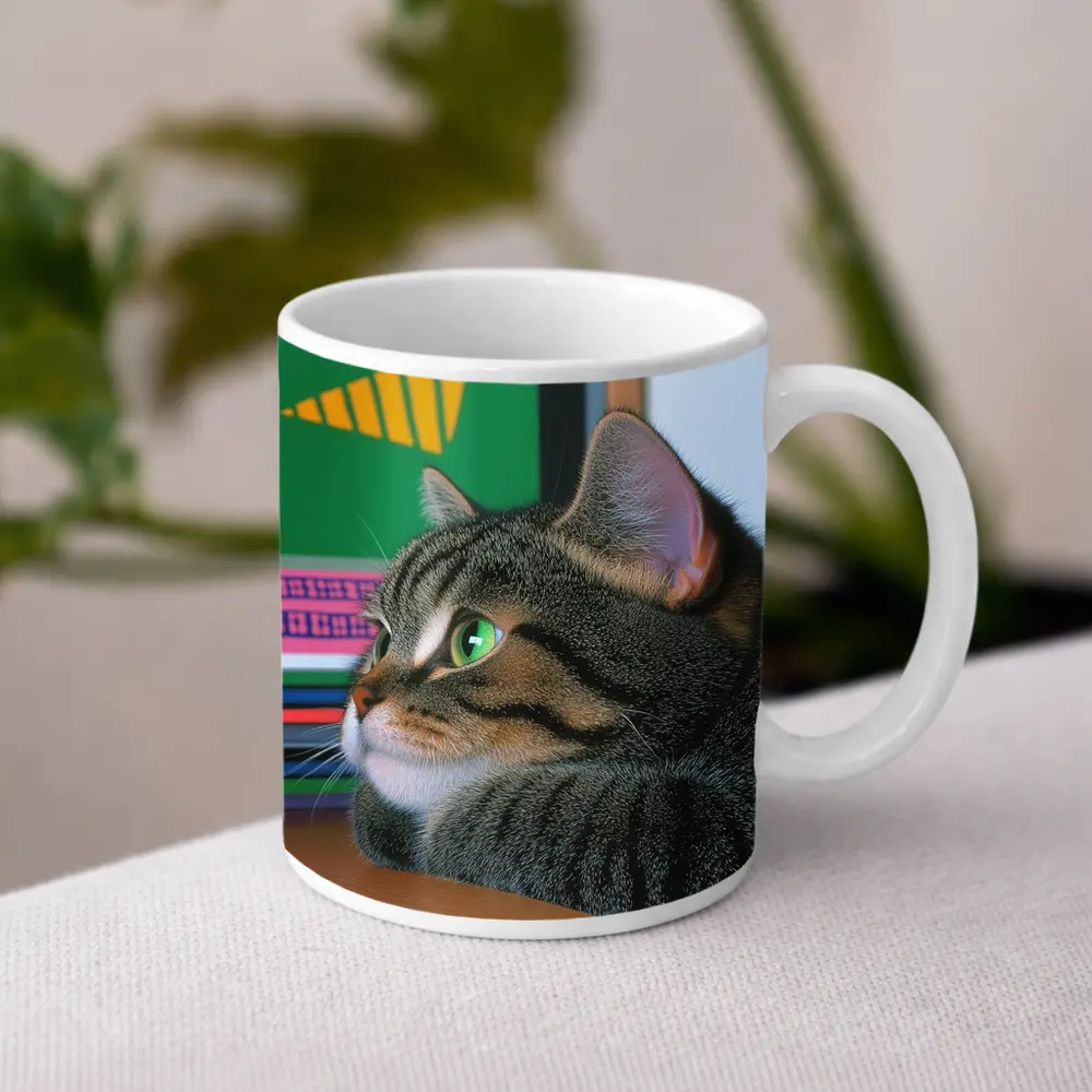 Tabby Cat Watching Colorful Television Screen – Mugs