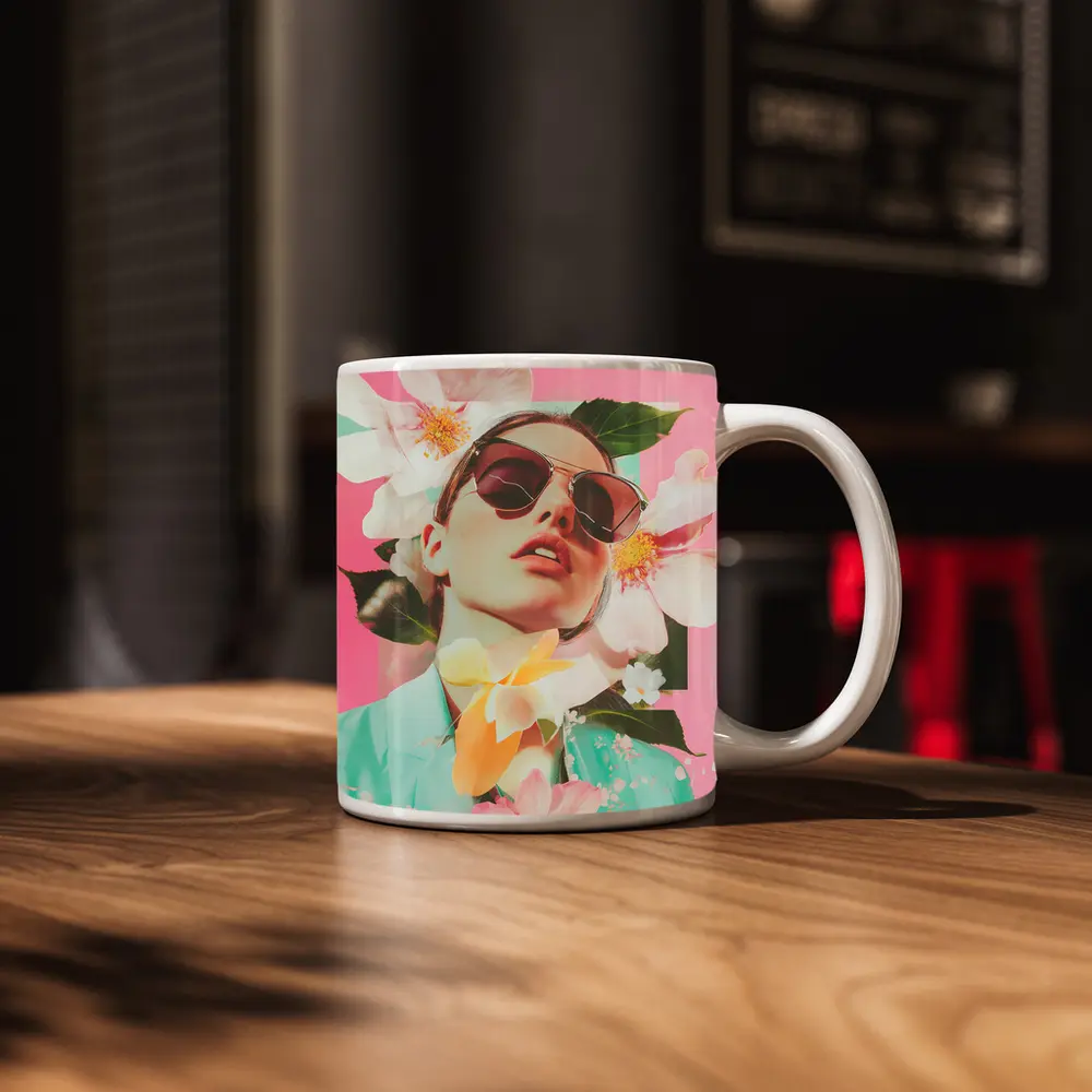 Fashion Woman Sunglasses Floral Pink Collage Art – Mugs