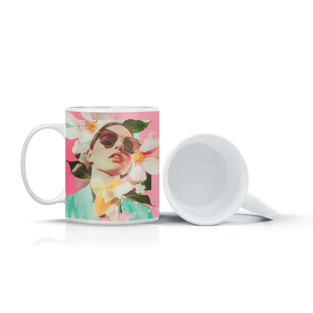 Fashion Woman Sunglasses Floral Pink Collage Art – Mugs