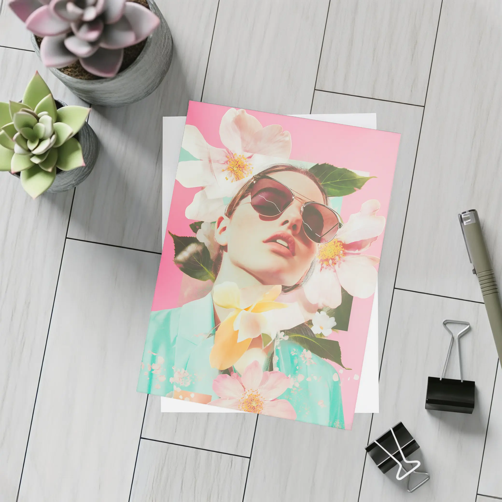 Fashion Woman Sunglasses Floral Pink Collage Art – Postcards