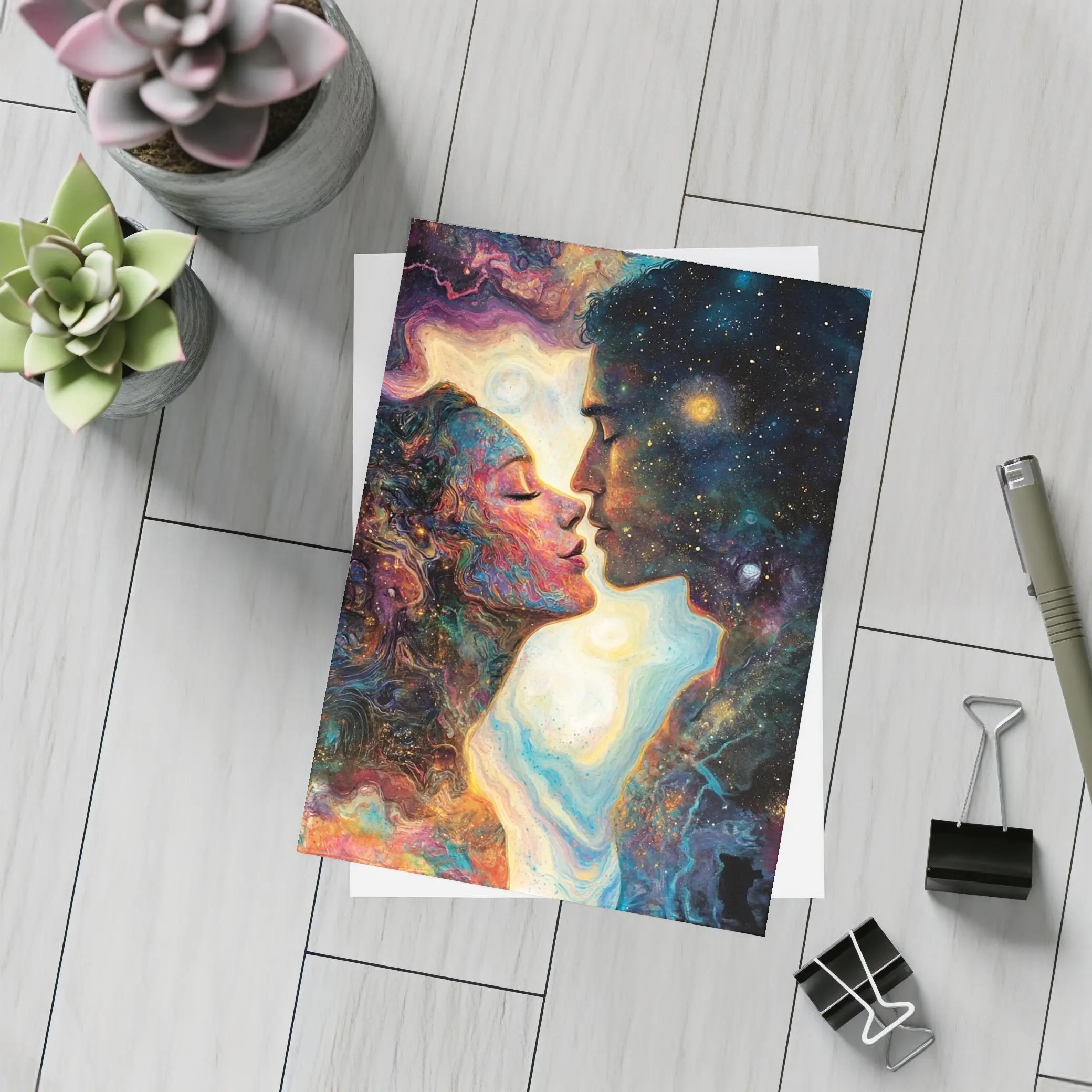 Cosmic Lovers Kiss Surreal Space Art – Postcards