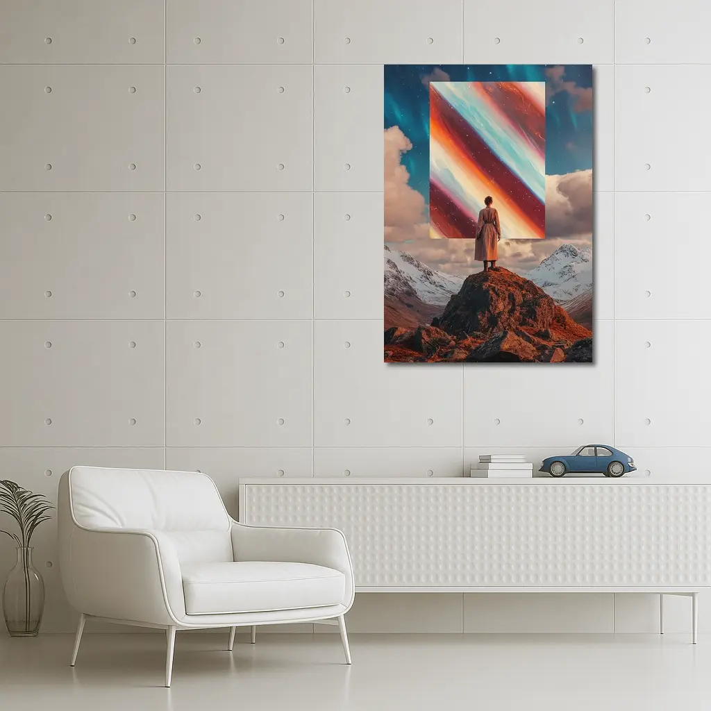 Woman Standing Mountain Cosmic Abstract Art Portal – Wall Art