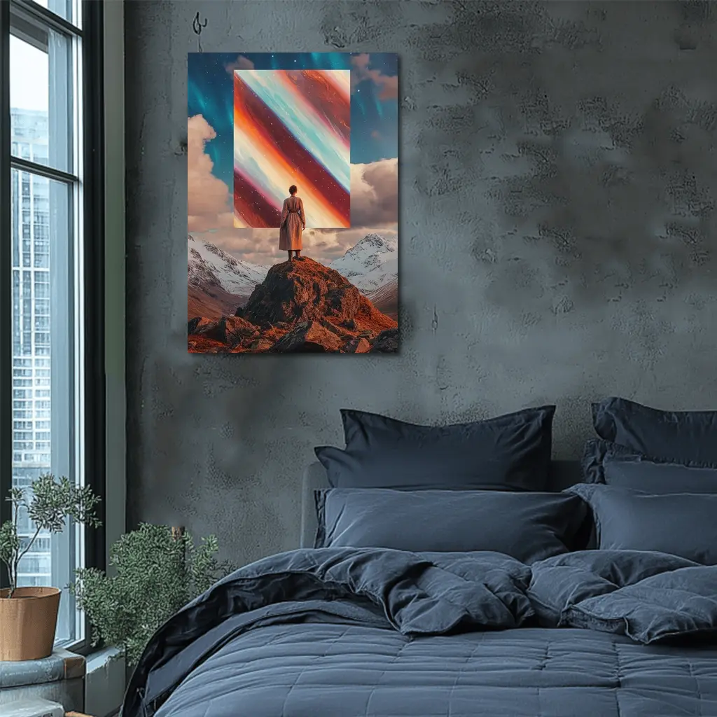 Woman Standing Mountain Cosmic Abstract Art Portal – Wall Art