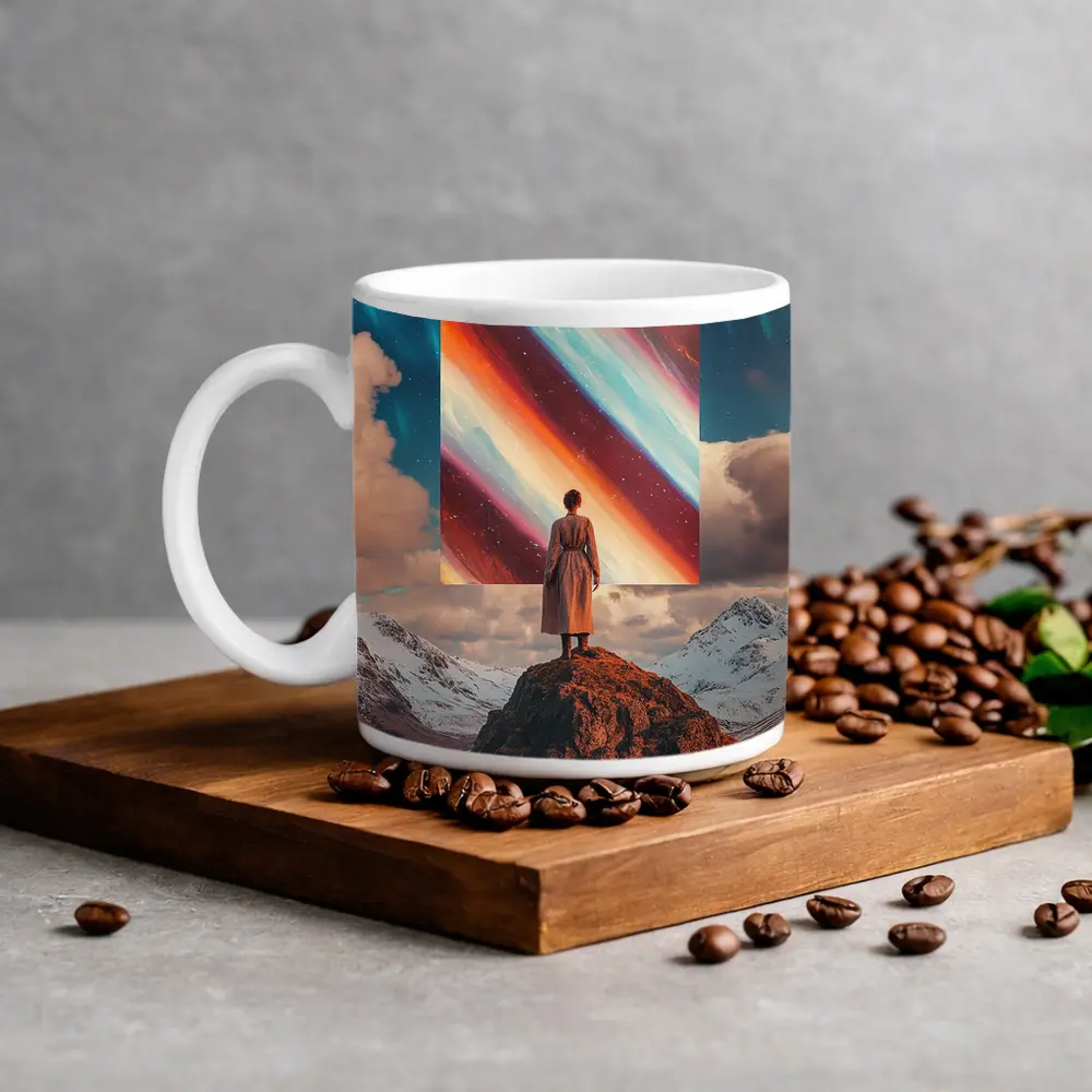 Woman Standing Mountain Cosmic Abstract Art Portal – Mugs