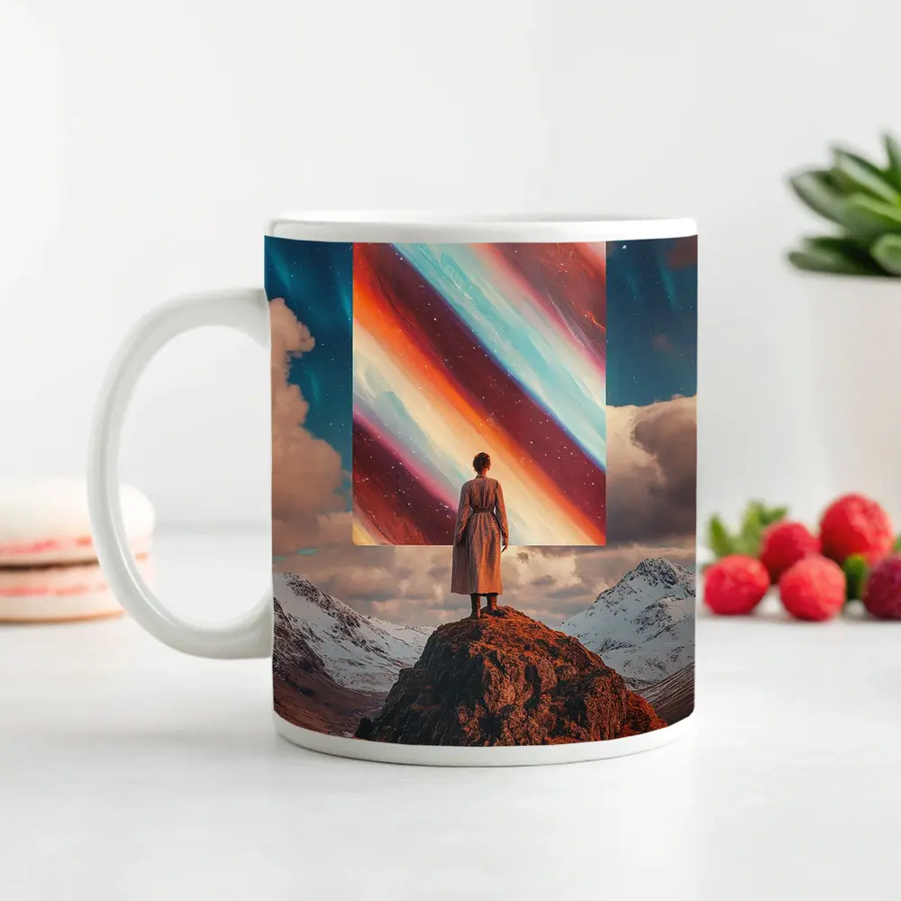 Woman Standing Mountain Cosmic Abstract Art Portal – Mugs