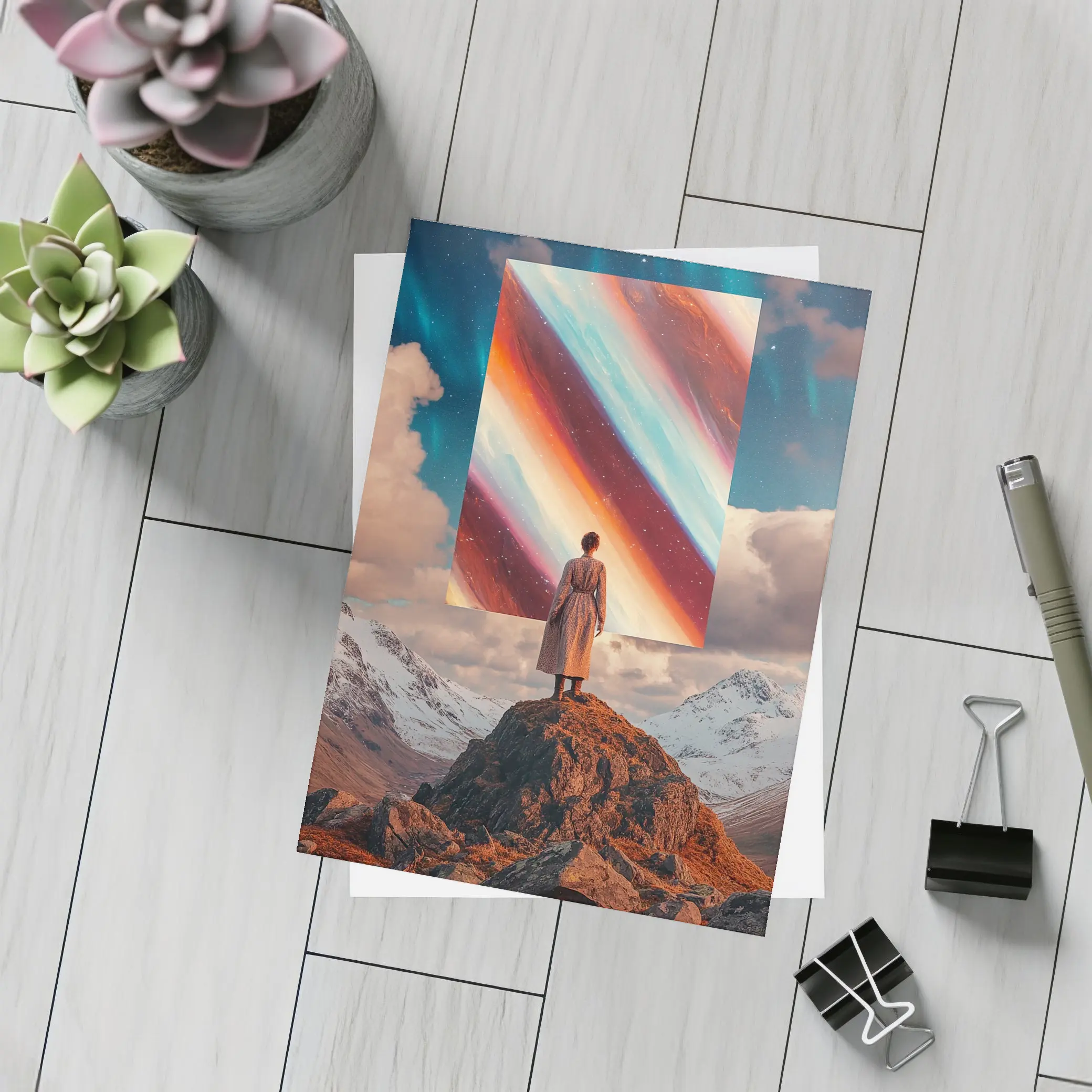 Woman Standing Mountain Cosmic Abstract Art Portal – Postcards