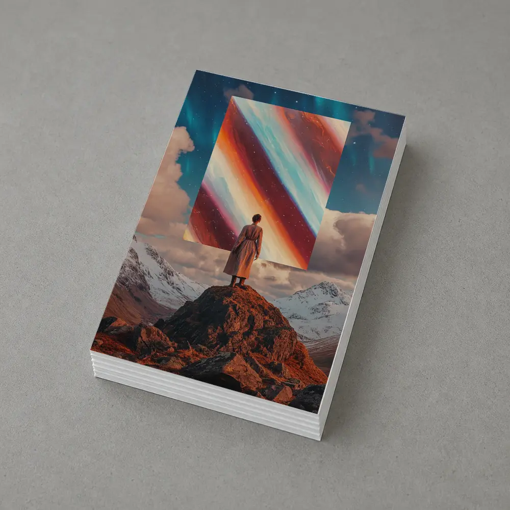 Woman Standing Mountain Cosmic Abstract Art Portal – Postcards