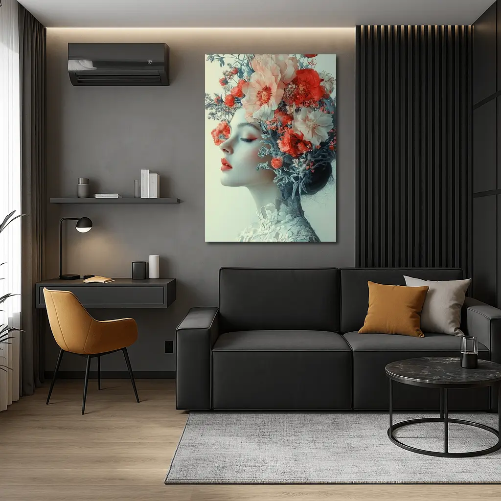 Woman Portrait Red Flowers Floral Headdress – Wall Art