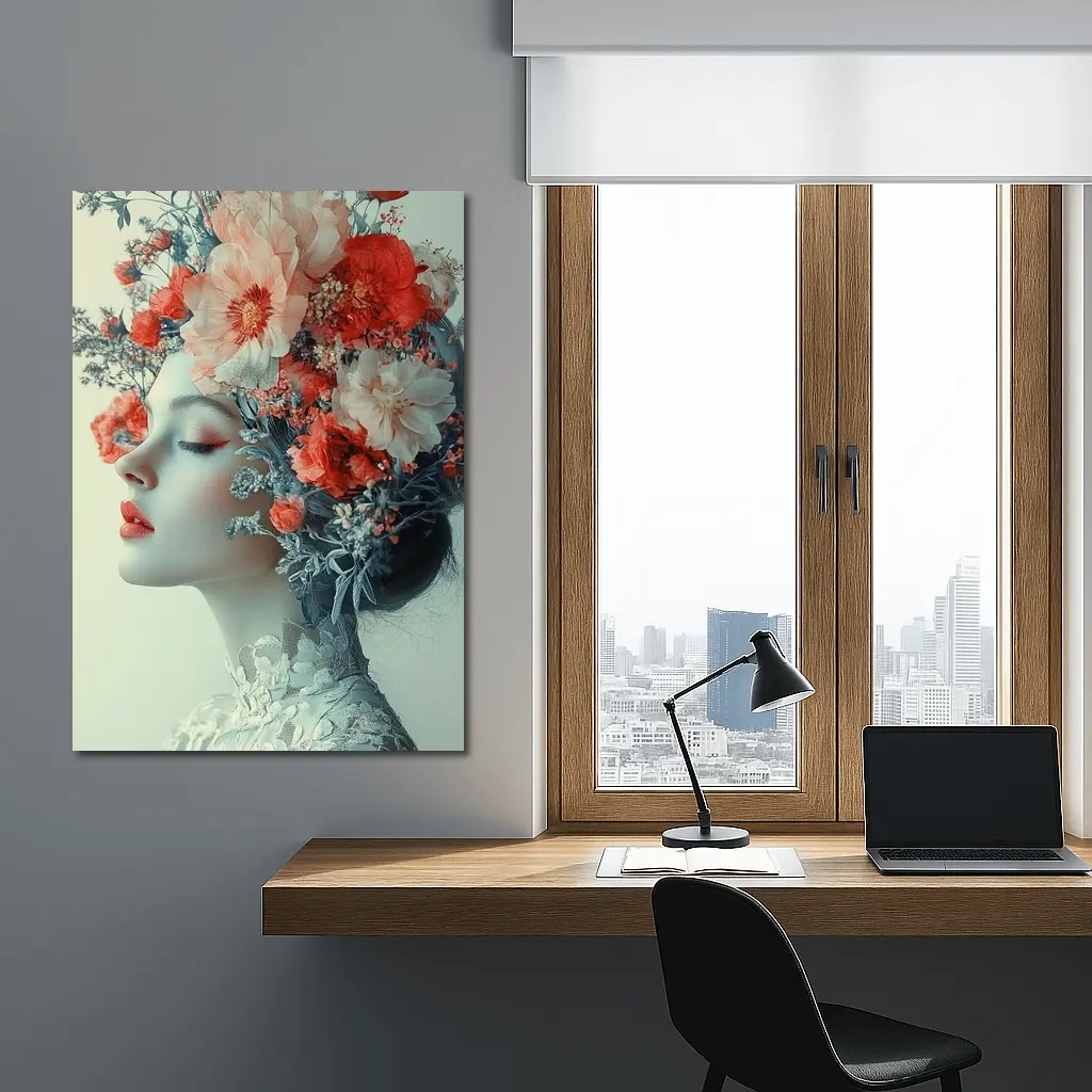 Woman Portrait Red Flowers Floral Headdress – Wall Art