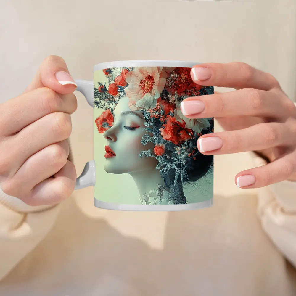 Woman Portrait Red Flowers Floral Headdress – Mugs