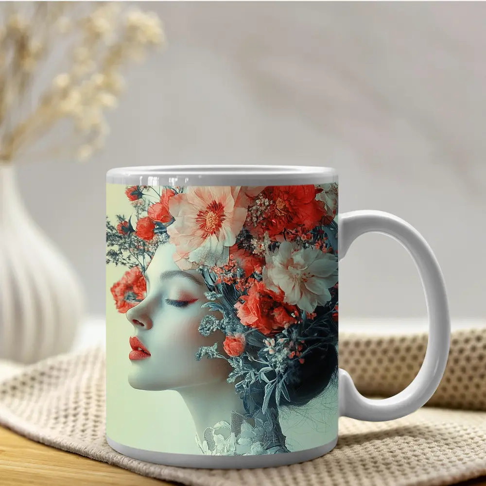 Woman Portrait Red Flowers Floral Headdress – Mugs
