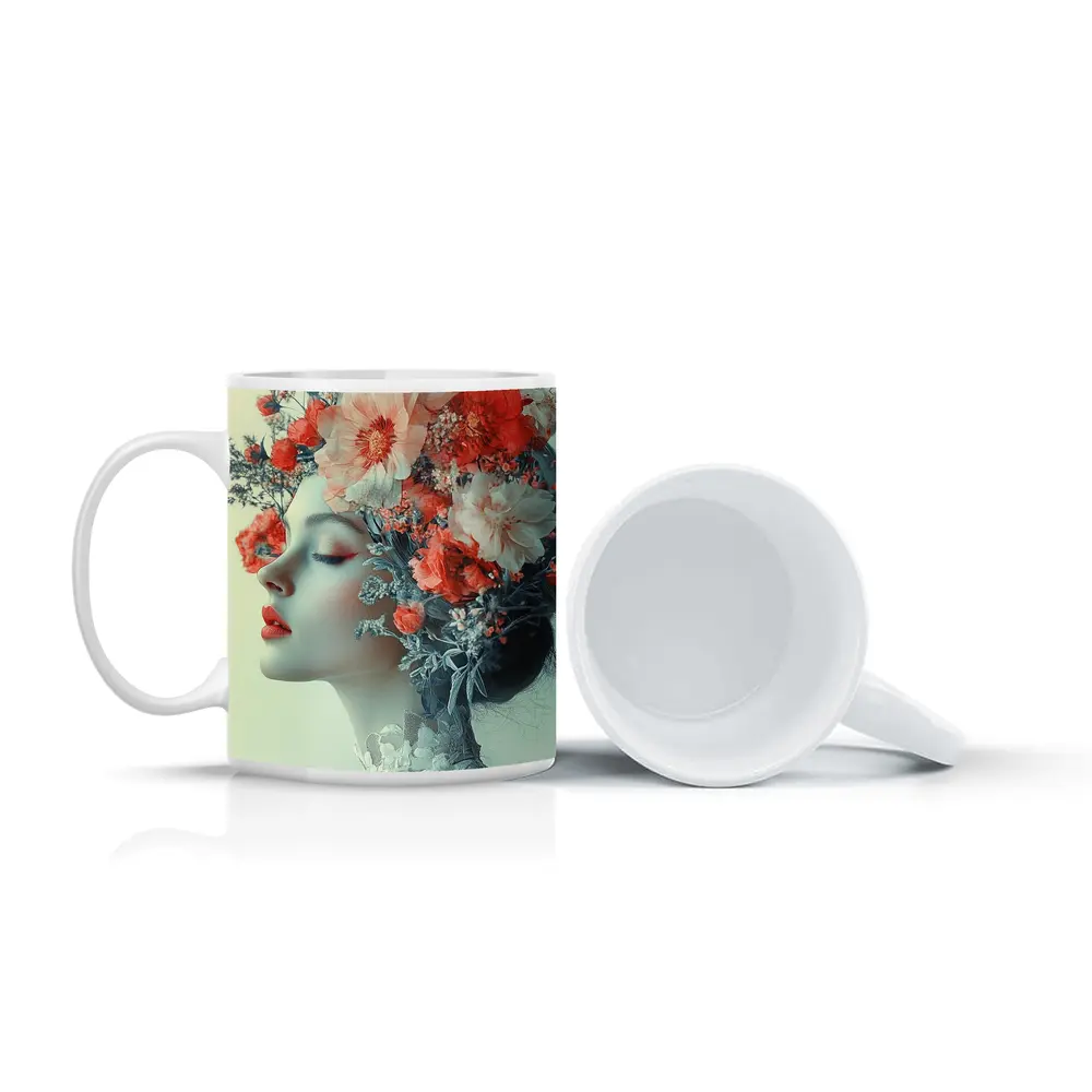 Woman Portrait Red Flowers Floral Headdress – Mugs