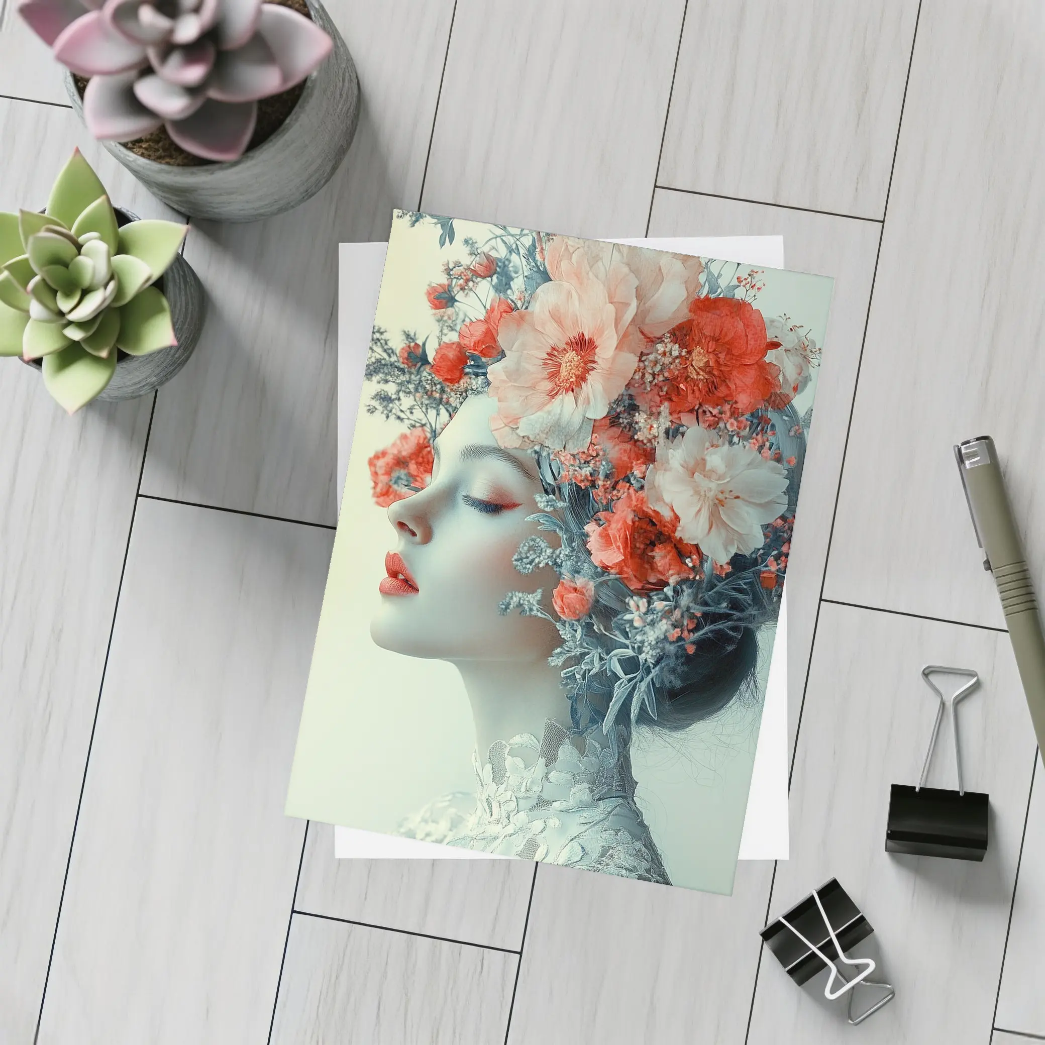 Woman Portrait Red Flowers Floral Headdress – Postcards