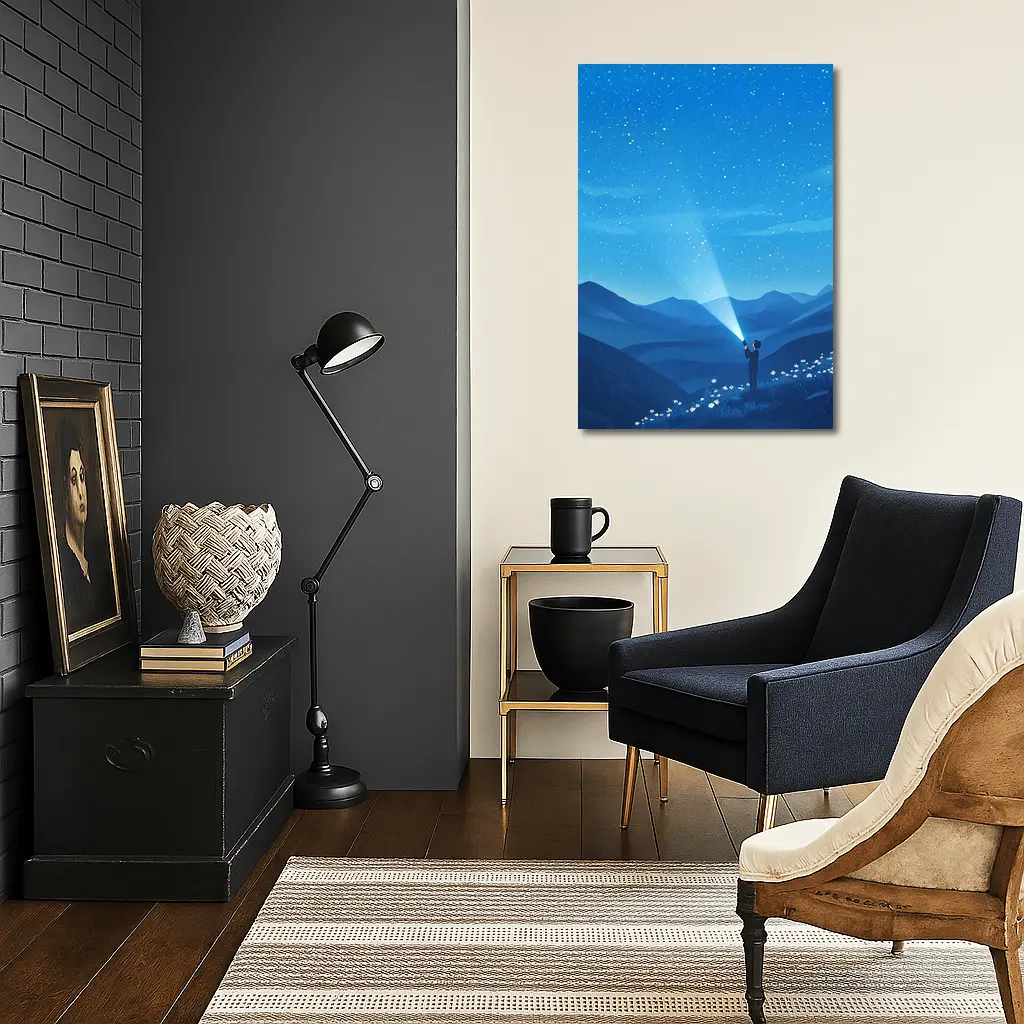 Boy Shining Flashlight Into Starry Night Sky – Wall Art