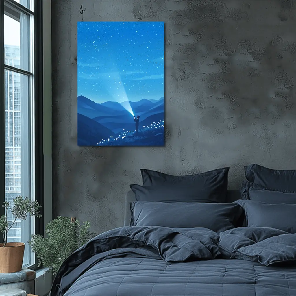 Boy Shining Flashlight Into Starry Night Sky – Wall Art