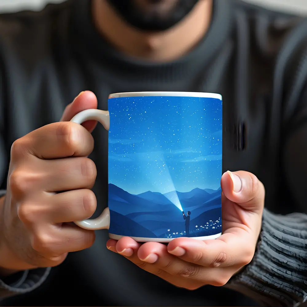 Boy Shining Flashlight Into Starry Night Sky – Mugs