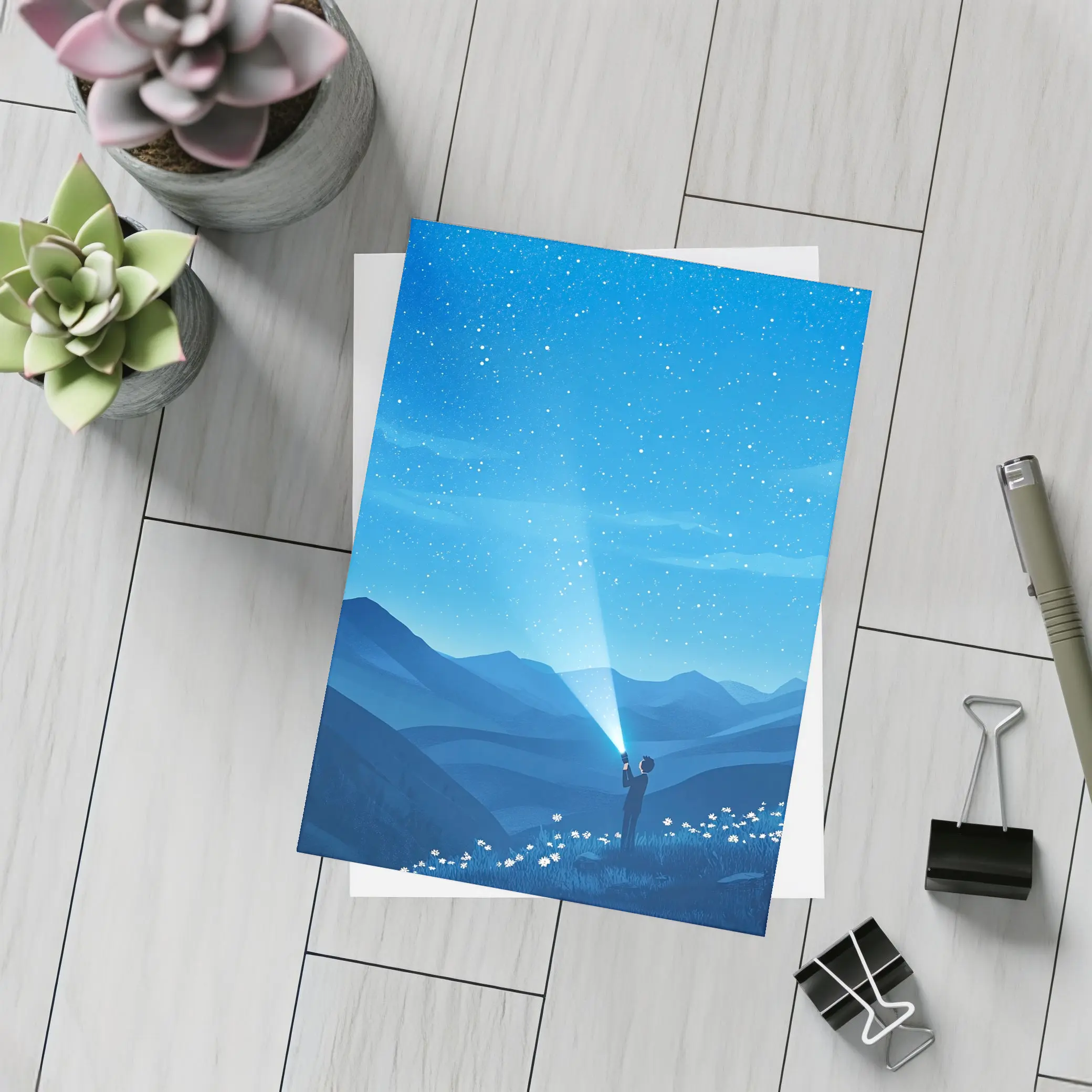 Boy Shining Flashlight Into Starry Night Sky – Postcards