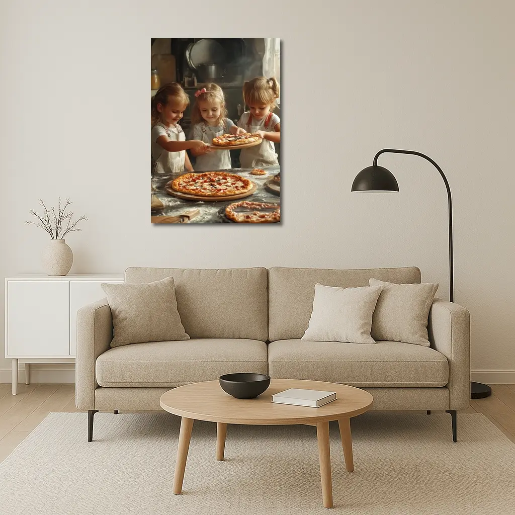 Girls Making Pizza in Rustic Kitchen – Wall Art