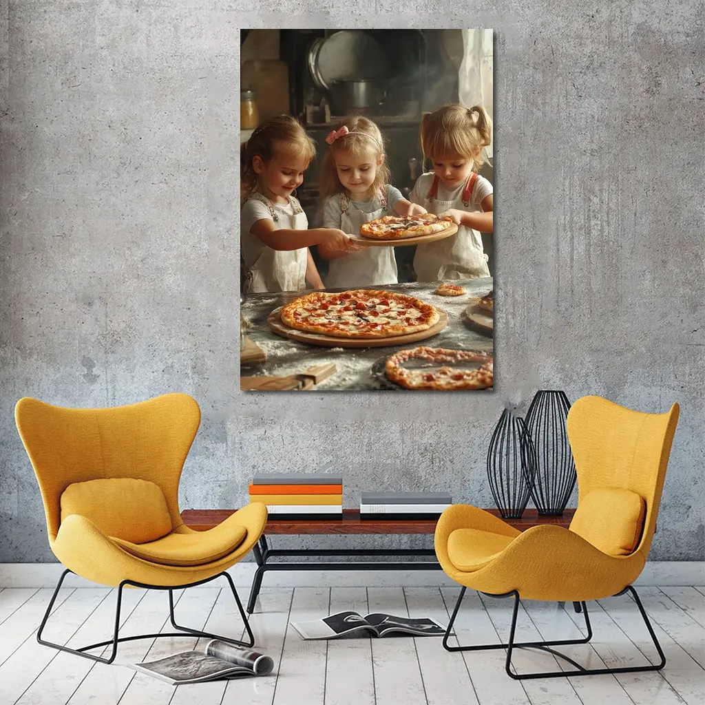 Girls Making Pizza in Rustic Kitchen – Wall Art