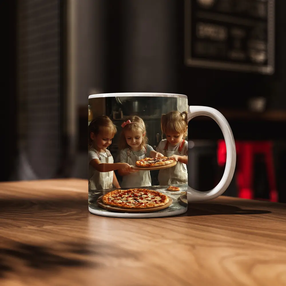 Girls Making Pizza in Rustic Kitchen – Mugs
