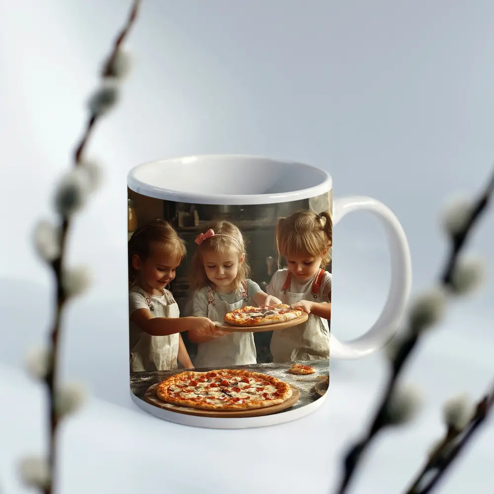 Girls Making Pizza in Rustic Kitchen – Mugs