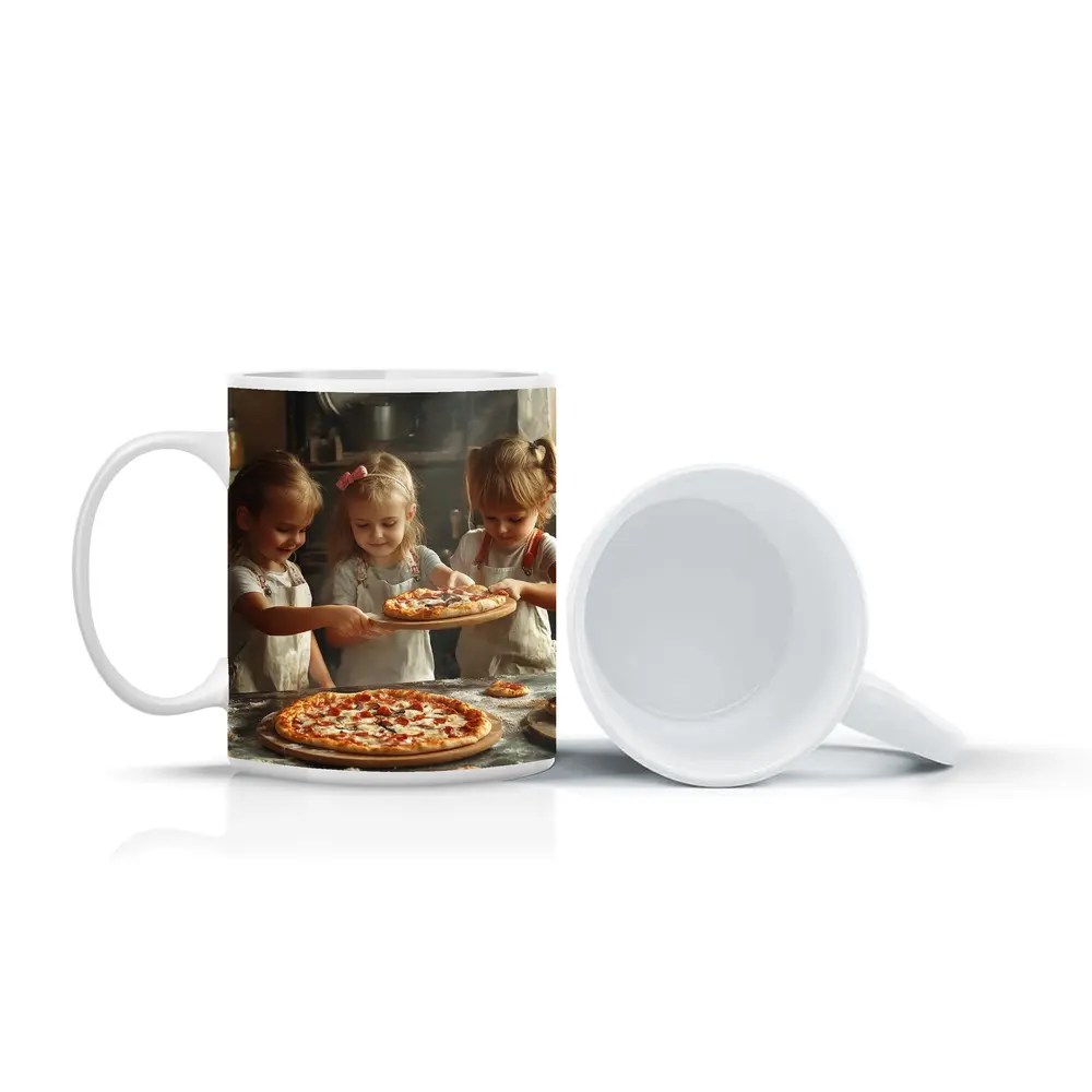 Girls Making Pizza in Rustic Kitchen – Mugs