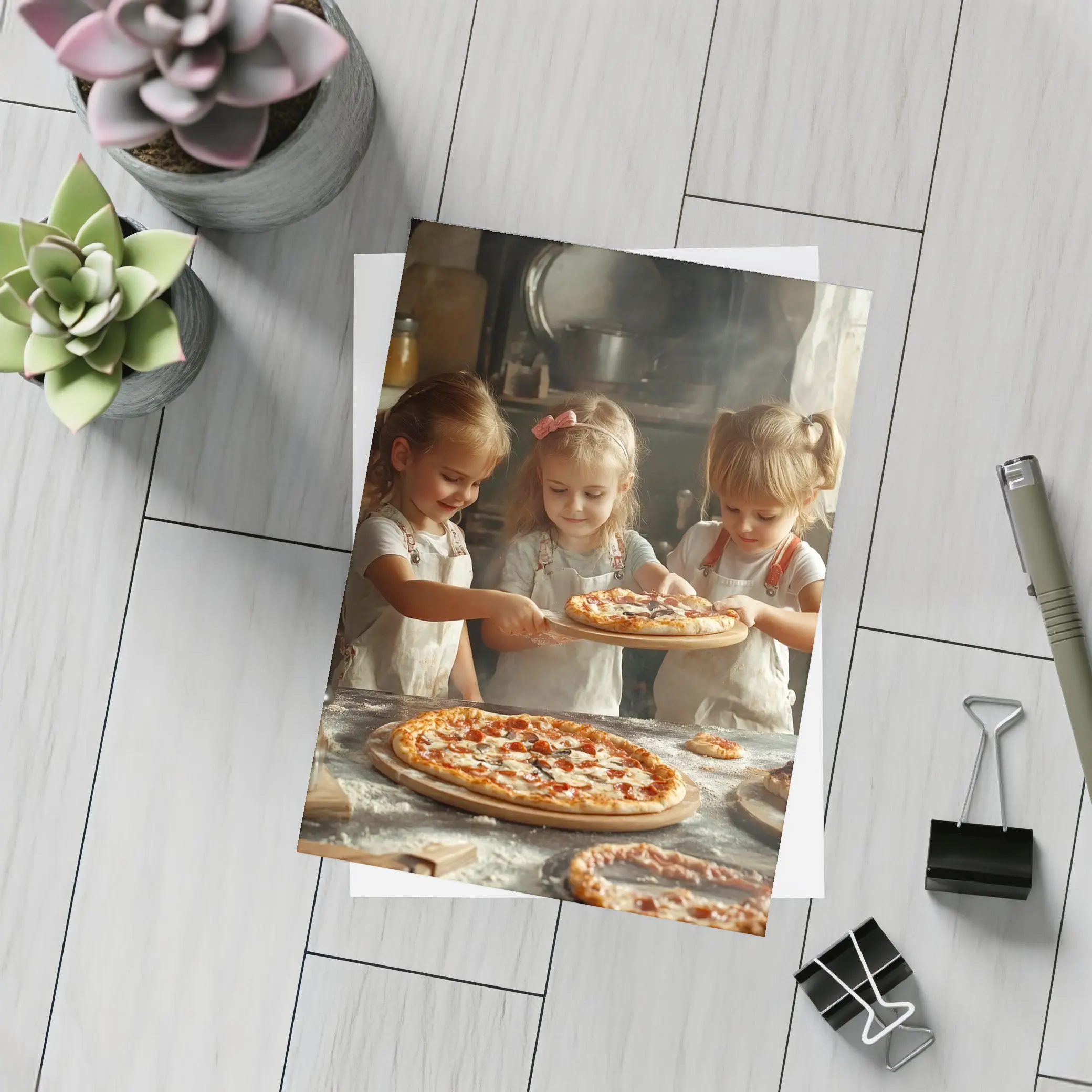Girls Making Pizza in Rustic Kitchen – Postcards