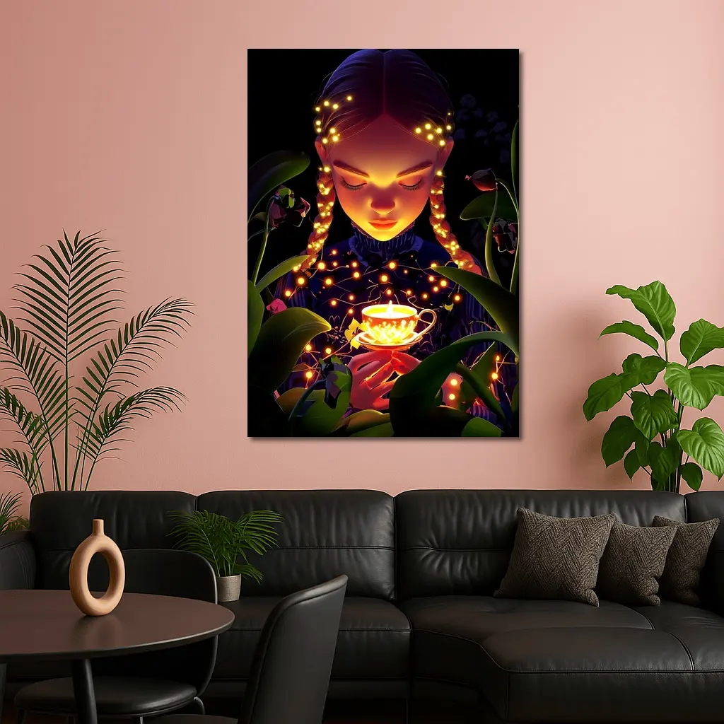 Girl With Glowing Tea Cup Dark Fantasy – Wall Art