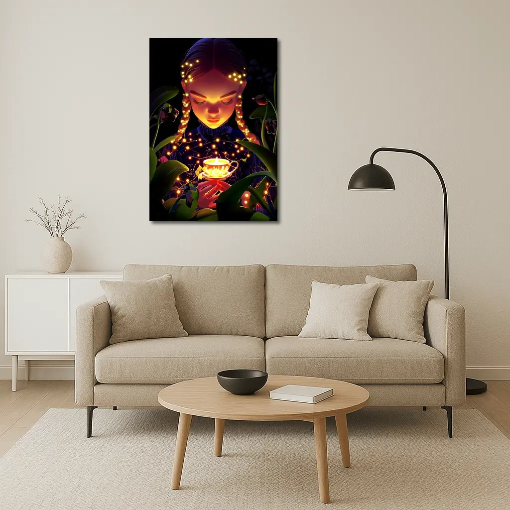 Girl With Glowing Tea Cup Dark Fantasy – Wall Art