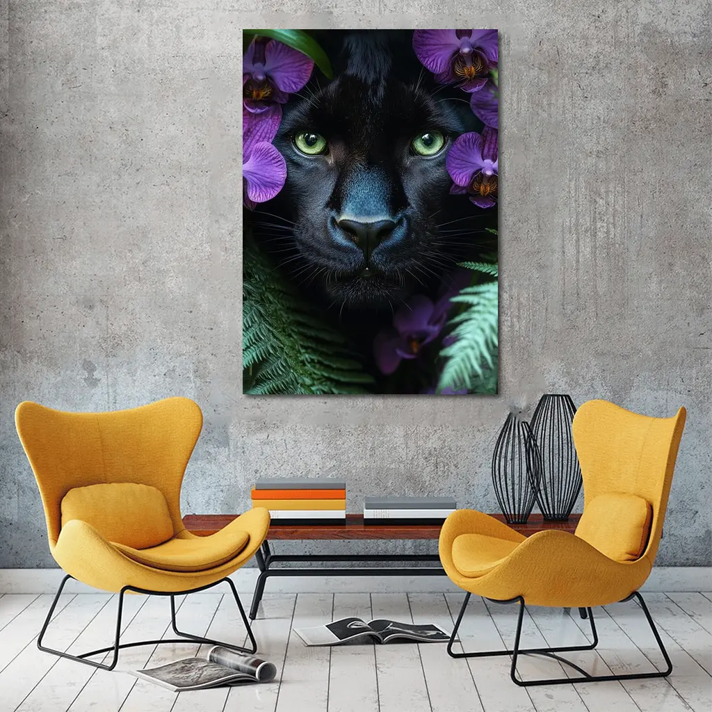 Black Panther With Purple Orchids Jungle – Wall Art